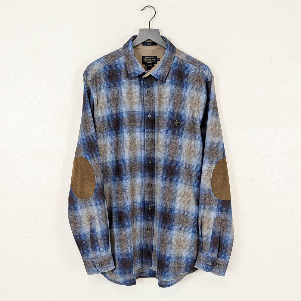 Pendleton Trail Elbow Patch Wool Flanne Shirt Blue Plaid Large Tall